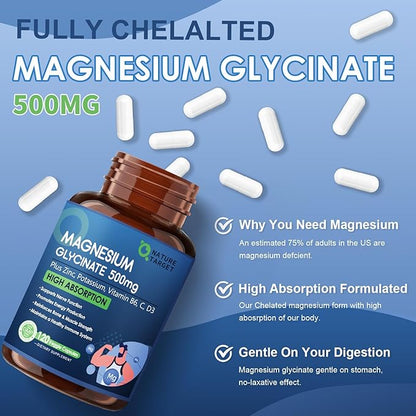 Magnesium Glycinate 500mg, Chelated Magnesium with Zinc & Vitamin D3 for Muscle, Nerve and Bone, Support Heart Health & Leg Cramp, Strength Immune System - 120 Capsules