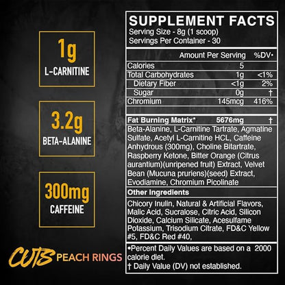 BLACKMARKET CUTS Pre Workout - Flavored Energy Powdered Drink Mix for Men & Women, Great for Muscle Definition, Thermogenic, Creatine Free, (Peach Ring, 30 Servings)