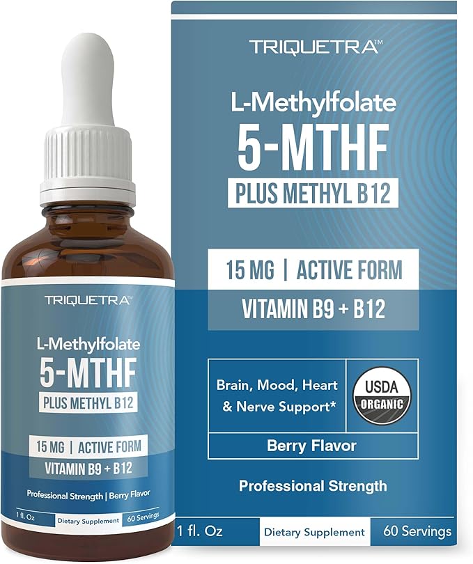 L Methyl Folate 15mg Plus Methyl B12 Cofactor – Organic, Berry Flavor, Professional Strength, Liquid Sublingual, Active 5-MTHF Form - Supports Mood, Homocysteine Methylation, Cognition (1oz)