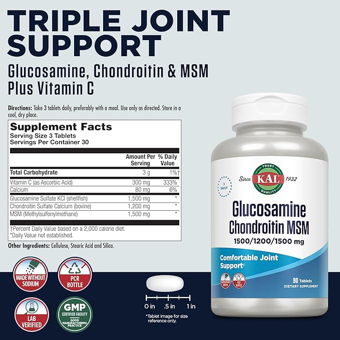 KAL Glucosamine Chondroitin MSM, Joint Support Supplement for Women and Men, 1500mg Glucosamine Sulfate, 1200mg Chondroitin, 1500mg MSM, Rapid Disintegration, 60-Day Guarantee, 30 Servings, 90 Tablets