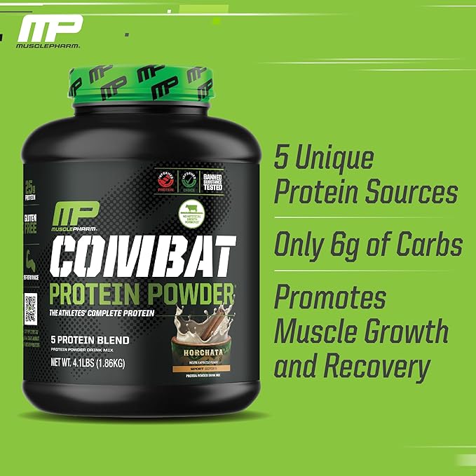 Muscle Pharm Combat Protein Powder, Horchata Flavor, Fuels Muscles for Productive Workouts, 5 Protein Sources Including Whey Protein Isolate & Egg Albumin, Gluten Free, 4 lb, 52 Servings