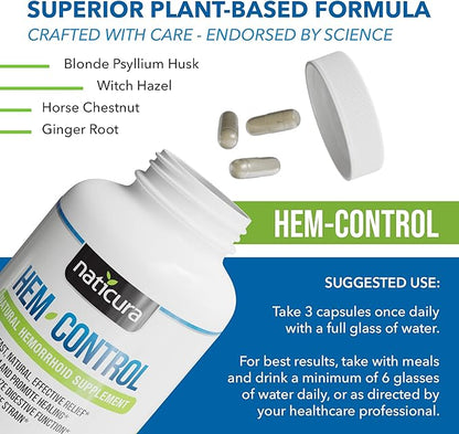 Hem-Control - Fast Effective Hemorrhoid Treatment Supplement - Powerful Formula to Promote Symptom Relief, Shrinking of Hemorrhoids, Ease Discomfort - 180 Vegan Capsules - Made in USA