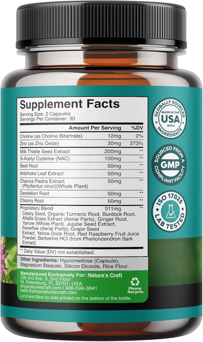 Liver Support Supplement with NAC - Herbal Liver Supplement with N Acetyl Cysteine Silymarin Milk Thistle Extract Dandelion Root Artichoke Extract Choline Bitartrate and Berberine for Liver Cleanse