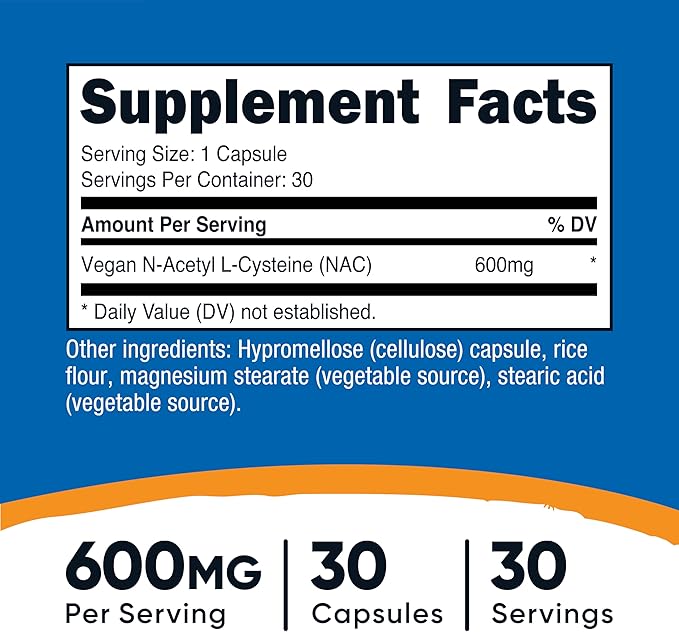 Nutricost N-Acetyl L-Cysteine (NAC) 600mg, 30 Vegan Capsules - GMO Free, Gluten Free, Vegetarian Caps