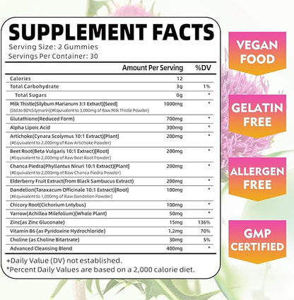 Liver Cleanse Detox & Repair Gummies with Milk Thistle 3000mg, 24-in-1 Liver Health Supplement with Dandelion, Artichoke, Sugar Free Liver Detox Gummies, Pineapple Flavor - 120 Count