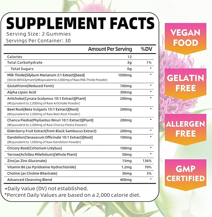 Liver Cleanse Detox & Repair Gummies with Milk Thistle 3000mg, 24-in-1 Liver Health Supplement with Dandelion, Artichoke, Sugar Free Liver Detox Gummies, Pineapple Flavor - 60 Count