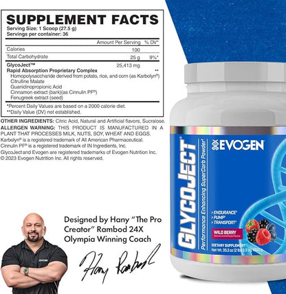 Evogen GlycoJect - Super Carb Powder | Rapid Absorption for PreWorkout | Carbohydrate Powder for Endurance | Post-Workout or Pre Workout Powder for Men & Women | Wild Berry | 36 Servings