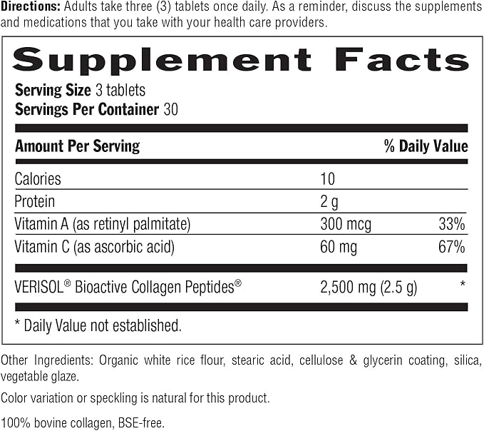 Country Life Verisol Collagen Peptides Tablets - Reduce Depth of W[KB2] rinkles & Enhance Skin Elasticity-90 Tablets-Includes Vitamin A&C - Collagen Powder for Women & Men - Boost Skin Collagen by 60%