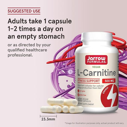 Jarrow Formulas L-Carnitine 500 mg, Dietary Supplement, Support for Cellular Energy Production, 100 Veggie Capsules, 100 Day Supply
