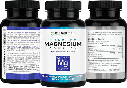 Trio Nutrition Magnesium Complex 90 Day Supply 420 mg | Calm, Relax, Stress Relief, and Muscle Recovery |Magnesium Glycinate Supplement with Vitamin B6 for Rapid Absorption*