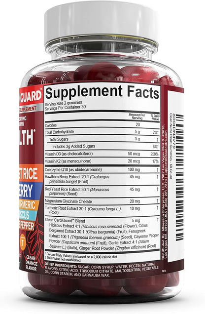 Coq10 Gummies | Red Yeast Rice Hawthorn Berry Ginger Turmeric Citrus Bergamot Hibiscus Vitamin K2+D3 Magnesium Glycinate Cayenne Pepper Fenugreek Orange Flavor CardiGuard by Clean Nutra