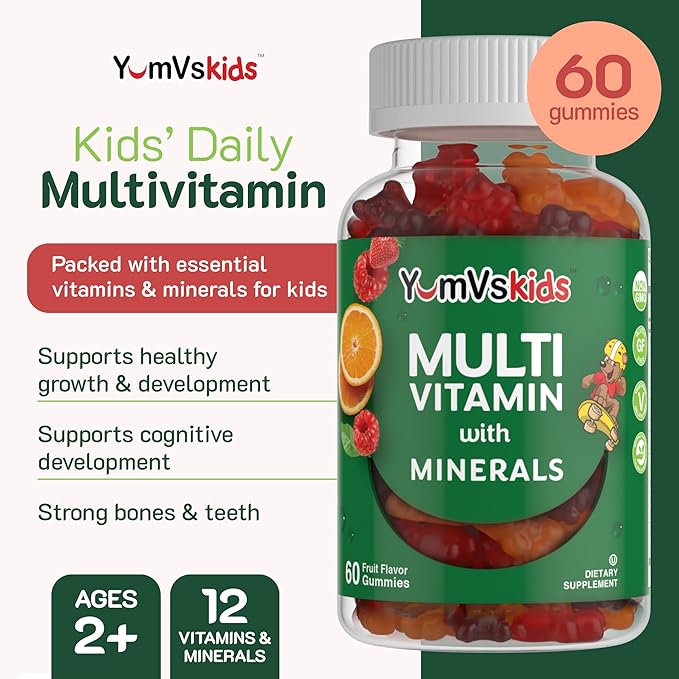 YumVs Kids Multivitamin Gummies - Fruit Flavored Chewable Children's Multivitamin - Kids Vitamins Multivitamin Gummy with 12 Minerals & Vitamins A C D3 E B6 B12 - Kosher Halal Gluten Free (60 Count)