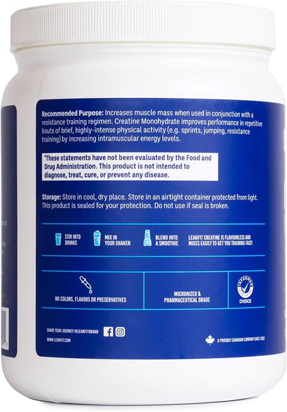 LeanFit Sport CREATINE MONOHYDRATE Powder, Unflavored - Informed Choice Certified, Micronized & Pharmaceutical Grade Creatine, Gluten-Free, Vegan – 5g Creatine Per Serving, 100 Servings, 17.64oz Tub