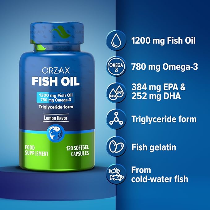 ORZAX Omega 3 Fish Oil 1200 mg - EPA DHA Omega 3 Supplement - Heart, Eye, Joint, and Nerve & Brain Supplement - Lemon Flavored - 120 Softgels Capsules