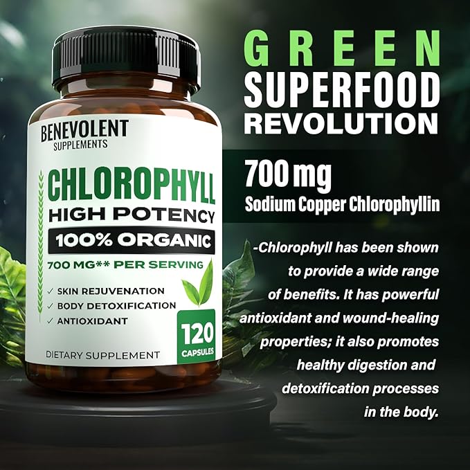Benevolent Chlorophyll Capsules 700mg - 100% Natural + Ultra Chlorophyll 20x Potency Concentration for Energy Boost, Immune Support, Internal Deodorant, Skin Health, Non-GMO, 120 Capsules
