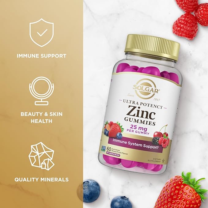 Solgar Zinc Gummies Adult Vitamin with 25mg Ultra Potency Zinc Citrate for Immune Support - Mixed Fruit Flavor, Vegan, Kosher & Gluten Free Gummy Supplements for Women & Men, 2g Sugar, 60 Servings