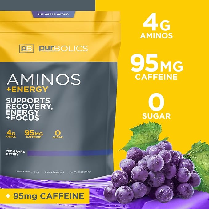 Aminos + Energy | Supports Recovery, Energy & Focus | 95mg of Caffeine, 0 Sugar & 60 Servings (The Grape Gatsby)