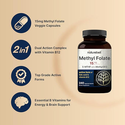 NatureBell L Methylfolate 15mg, 240 Veggie Capsules | 5-MTHF with Methyl B12 1,000mcg | High Potency Dual Action for Energy & Cognitive Support, Active Folic Acid – Methyl Folate Supplement