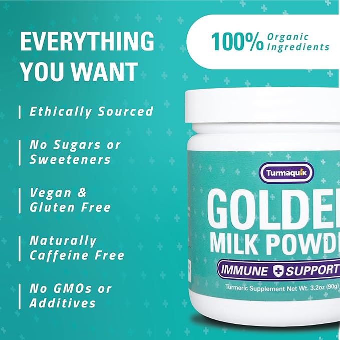 Turmaquik Organic Golden Milk Turmeric Powder, Immune Support + Superfood Blend of Ginger, Black Pepper, Curcumin, Cinnamon, Cardamom + Vitamins C, D, B6, B12, Zinc (3.2 Ounce)