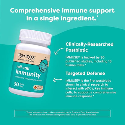 Renzo's Roll Call Immunity, Daily Postbiotic – Dissolvable Kids Immune Support Supplement - Sugar-Free Kids Vitamins, 30 Orange-Flavored Melty Tabs