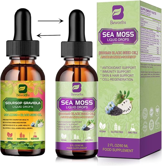 Soursop Bitters Liquid Drops with Irish Sea Moss, Black Seed oil, Soursop Graviola Leaves Extract - Soursop Multivitamin Complex Supports Antioxidant, Slowing Cell-Aging, Gut Cleanse, Detox & Immunity