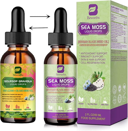 Soursop Bitters Liquid Drops with Irish Sea Moss, Black Seed oil, Soursop Graviola Leaves Extract - Soursop Multivitamin Complex Supports Antioxidant, Slowing Cell-Aging, Gut Cleanse, Detox & Immunity