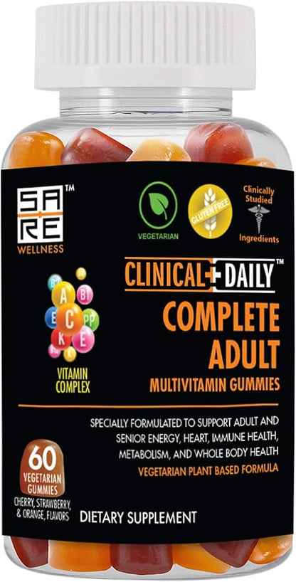 Clinical Daily Complete Daily Multivitamin Gummy for Women, Men, Teens, or Seniors. Contains Vitamins A, E, C, and B Complex from Superfood Fruits & Vegetables. 60 Vegetarian, Gluten Free Gummies