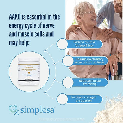 Simplesa AAKG Arginine Powder, L-Arginine Alpha-Ketoglutarate Supplement, 2000mg Per Serving, Supports Brain Health, Memory, Focus and Healthy Aging Processes, 250g Powder Supplement