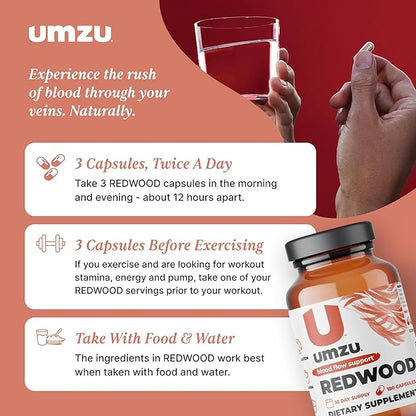 UMZU Redwood Blood Flow Nitric Oxide Supplement for Men & Women, Blood Pressure, Circulation, Stamina, Energy (30 Day Supply | 180 Capsules)