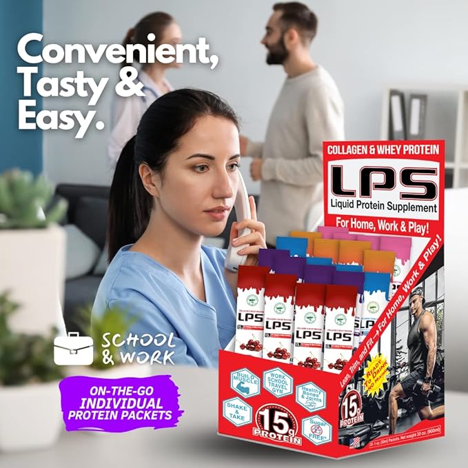 Nutritional Designs LPS Liquid Collagen & Whey Protein Supplement - Non-GMO Drink, Sugar-Free - Promotes Healthy Skin & Hair for Men & Women, Single Serve (Variety Box, 60 Packets)