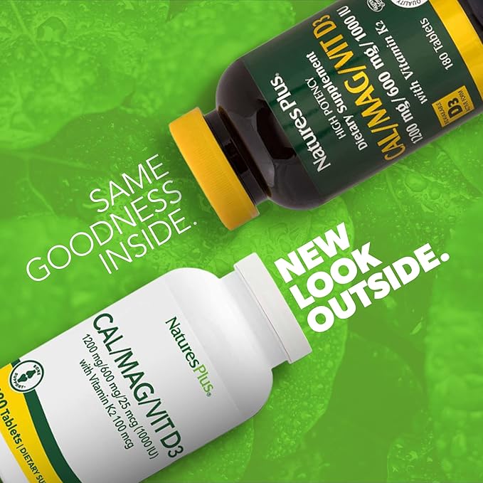 NaturesPlus Cal/Mag/VIT D3 with Vitamin K2- 180 Tablets - Bone Health Supplement with Calcium, Magnesium, Vitamin D3 and K2 - Gluten-Free - 45 Servings