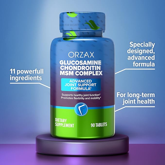 ORZAX All-in-one Joint Support Supplement with Glucosamine Chondroitin MSM - Turmeric, Collagen, Bromelain & Boswellia Extract Capsules, Function & Comfort - 90 Tablets