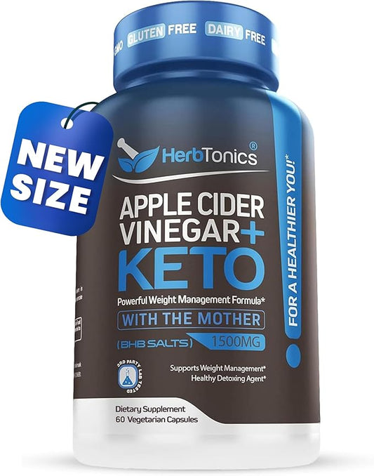 Herbtonics Keto BHB + Apple Cider Vinegar Capsules with The Mother - Keto Diet Pills, BHB Exogenous Ketones for Ketosis, Energy & Focus - Keto ACV Supplement for Women & Men - 60 Vegan Capsules