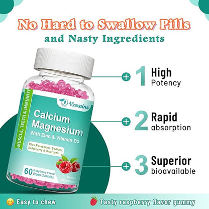 High Absorption Calcium Magnesium Zinc Gummies with Magnesium Glycinate 400mg, Sugar Free Calcium Magnesium Supplement for Bone & Teeth Strength, Muscle Function - Vegan, 60 Count