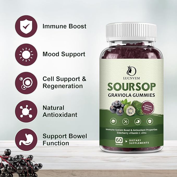 Organic Soursop Graviola Gummies, Soursop Extract with Elderberry Rich in Multivitamin for Natural Antioxidant, Cell Support & Regeneration, Immune Boost and Skin, Vegan- 60 Day Supply