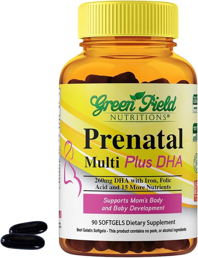 Greenfield Nutritions Halal Prenatal Vitamins with DHA and Folic Acid - Essential Prenatal Pregnancy Multivitamin with Iron - Contains 17 Vitamins for Mom to Be - Easy to Swallow 90 Liquid Softgels