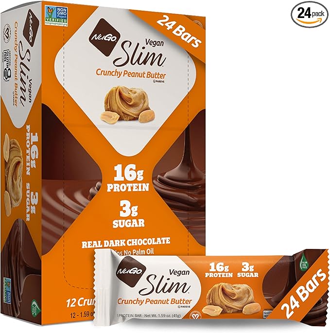Nugo Slim Dark Chocolate Crunchy Peanut Butter, 16g Vegan Protein, 3g Sugar, 7g Fiber, Low Net Carb, Keto Friendly, Gluten Free, 24 Count