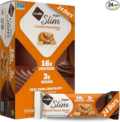 Nugo Slim Dark Chocolate Crunchy Peanut Butter, 16g Vegan Protein, 3g Sugar, 7g Fiber, Low Net Carb, Keto Friendly, Gluten Free, 24 Count