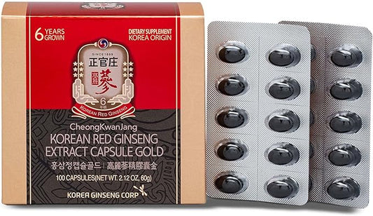 CheongKwanJang Korean Red Ginseng Extract Capsules Gold Panax Ginseng Root Powder Focus Pills for Men & Women, Natural Energy, Circulation, Immune, Brain Booster - 100 Capsules
