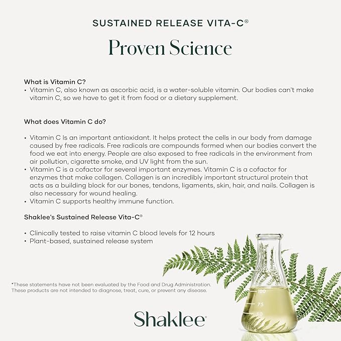 Shaklee - Sustained Release Vita-C® 500mg - High-Potency Cellular and Immune Support Formula with Proprietary Sustained-Release System - includes Rose Hips and Bioflavonoid Blend - 180 Tablets
