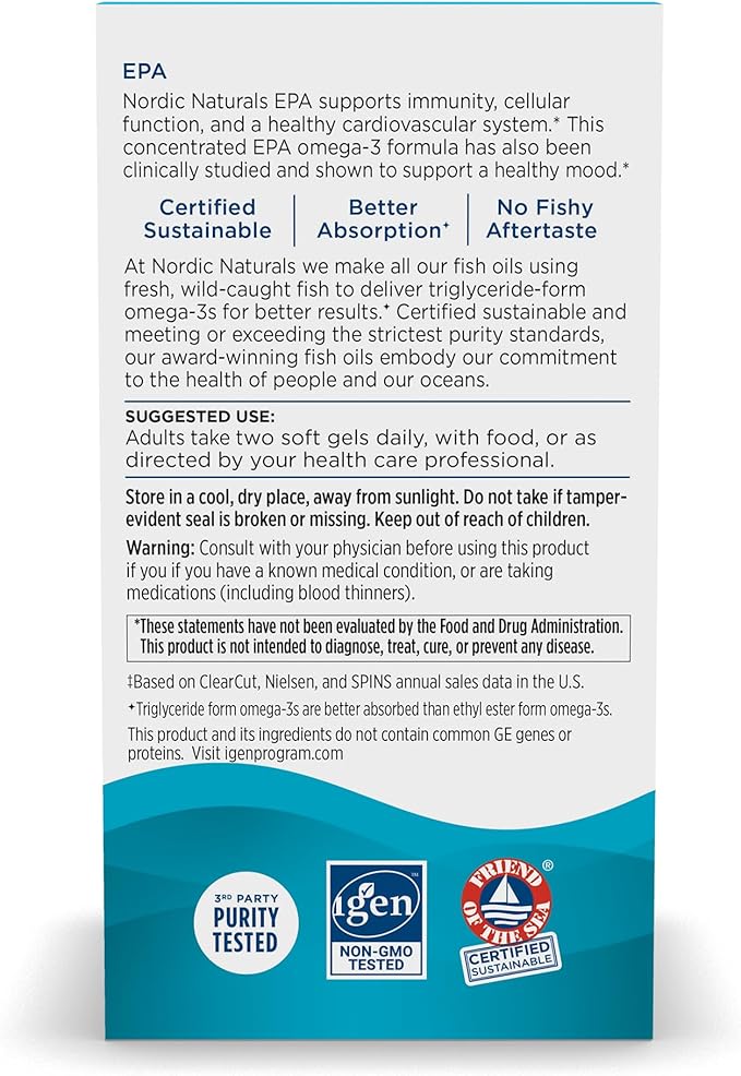 Nordic Naturals EPA, Lemon - 60 Soft Gels - 1210 mg Omega-3 - High-Intensity EPA Formula for Positive Mood, Heart Health & Healthy Immunity - 30 Servings