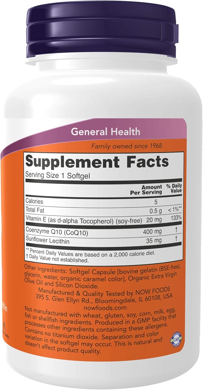 NOW Foods Supplements, CoQ10 400 mg, Pharmaceutical Grade, All-Trans Form produced by Fermentation, 60 Softgels