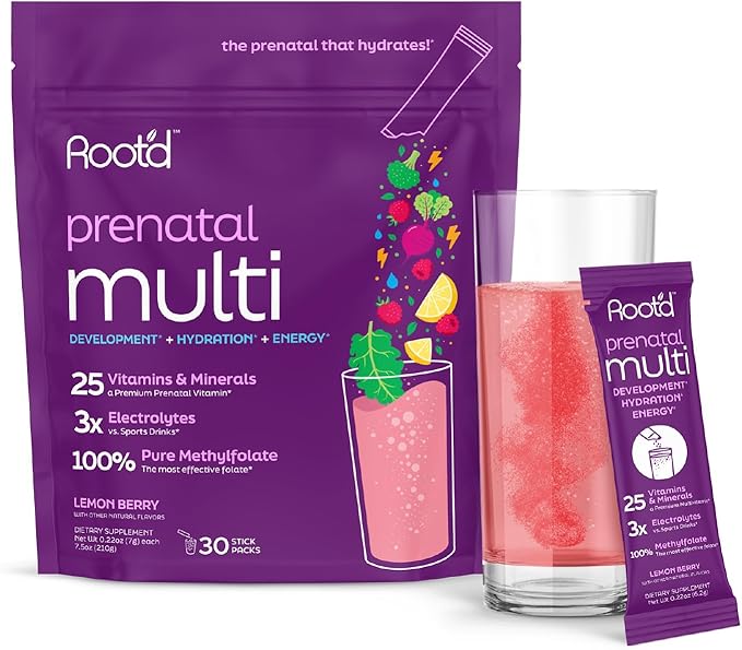 Root'd Prenatal Multivitamin Powder - 25 Vitamins & Minerals with 3x Electrolytes, Folate, Iron, D3 for Mom & Baby, 7 Superfood & Probiotics, Sugar-Free Vitamins & Hydration | 30 Vitamin Drink Packets