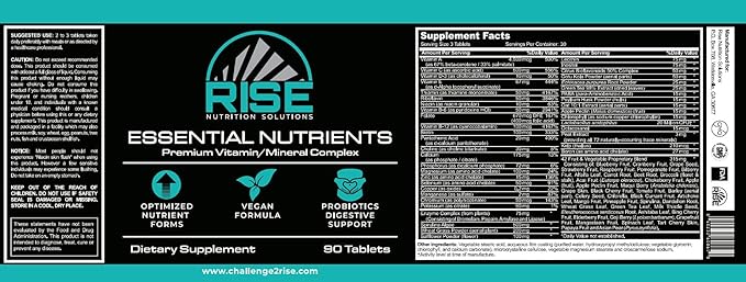 Rise Essential Nutrients with Vitamin A, Vitamin C, Vitamin B-12, Vitamin B12, Vitamin D-3, Vitamin E, Potassium and Magnesium Supplement | Vegan Formula for Men and Women