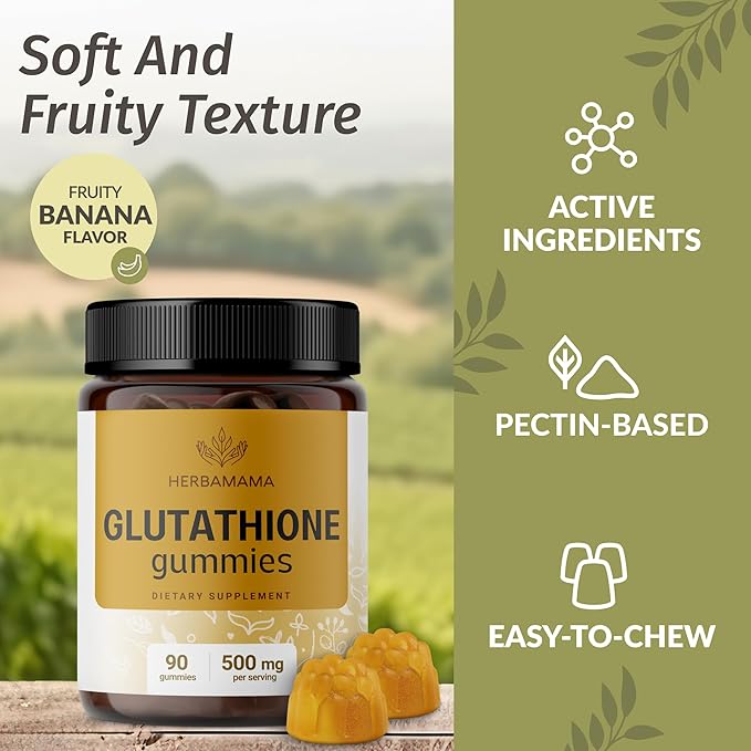HERBAMAMA Reduced Glutathione Gummies - L-Glutathione 500 mg for Liver Detox and Cleanse - Liver Support Supplement - Vegan, Gelatin-Free, Non-GMO - 90 Mango-Flavored Antioxidant Chews.