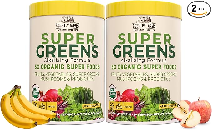 COUNTRY FARMS Super Greens Apple Banana Powder Smoothie, Organic Super Foods, USDA Organic Drink Mix, Fruits, Vegetables, Mushrooms, Superfood Nutrition, 40 Servings, 2 Pack