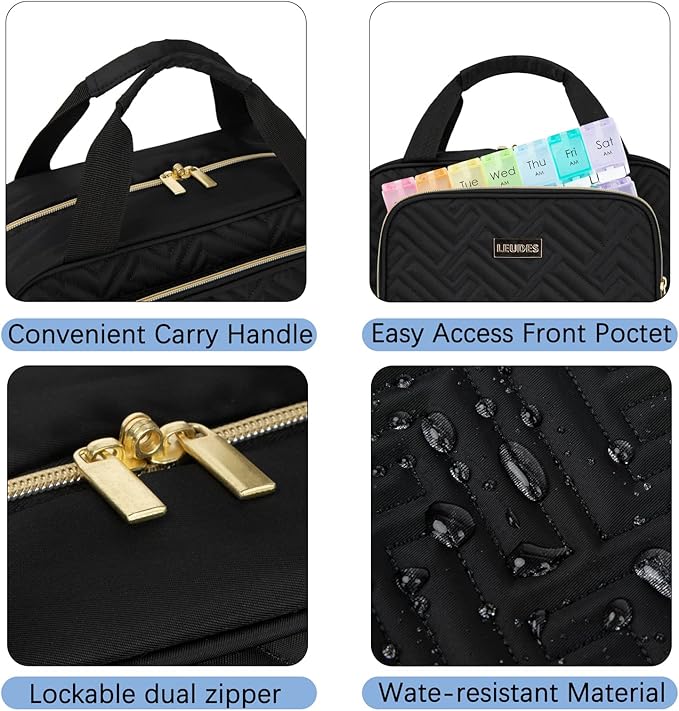 Leudes Travel Pill Bottle Organizer,Medicine Organizer and Storage,Home Medication Bag, Cases,Carrier for Pills,Vitamin,Fish Oil,Supplements for Women and Men (Large, Black)