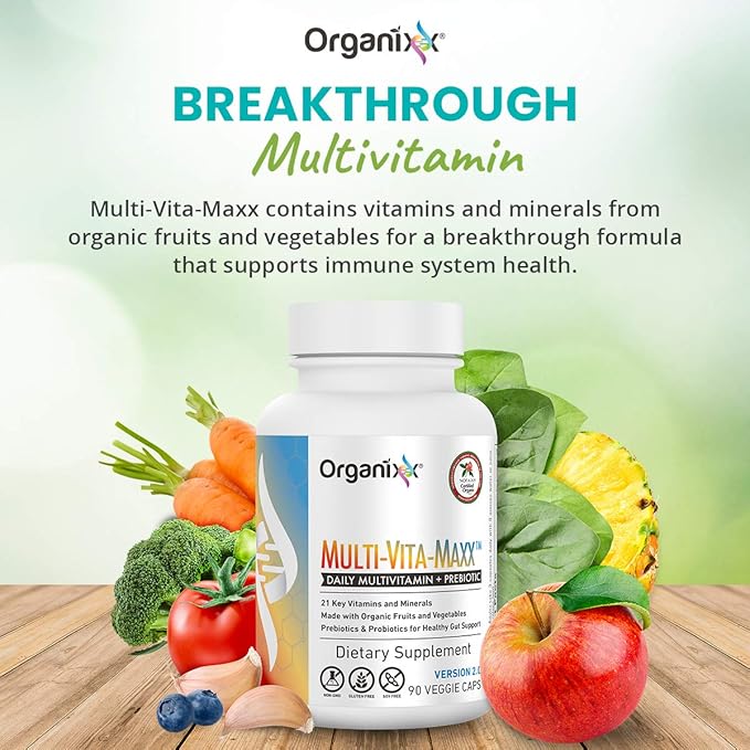Organixx Vegan Multivitamin for Women & Men, Prebiotic with Vitamin C, D3, Vitamin B Complex, Probiotics, Organic Fruits and Vegetables, Supports Digestive, Gut Health, Immune Support, 90 Gel Capsules