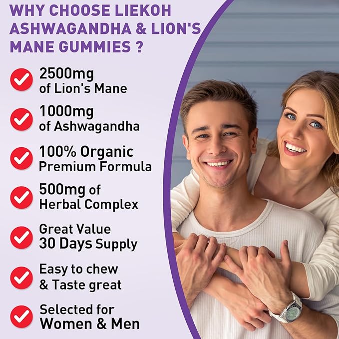 Ashwagandha Gummies - Cortisol Supplements for Women & Men - Lions Mane Gummies for Adults| Cortisol, Cognitive & Immune Support| 4000MG Ashwagandha Gummies, Berry Flavor - 60 Organic Mushroom Gummies