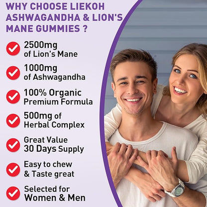 Ashwagandha Gummies - Cortisol Supplements for Women & Men - Lions Mane Gummies for Adults| Cortisol, Cognitive & Immune Support| 4000MG Ashwagandha Gummies, Berry Flavor - 60 Organic Mushroom Gummies
